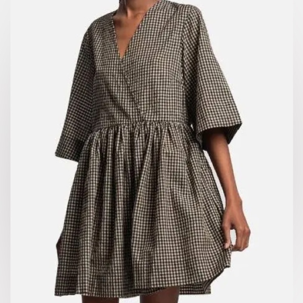 V-Neck Checked Mini Dress in Black and White